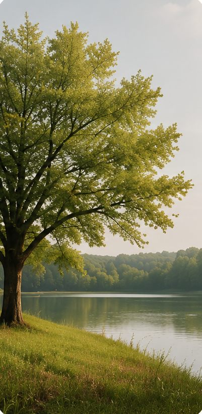 Árvore verde à beira do lago no verão.